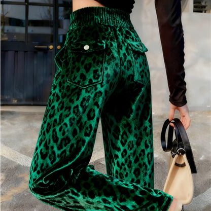 Green Leopard Velvet Trousers