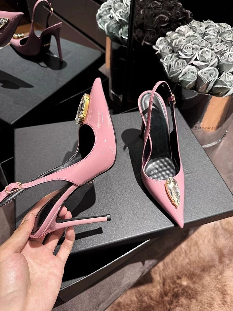 Rhinestone Pointed Fine Heels, Straight Buckle Toe Sandals for Women