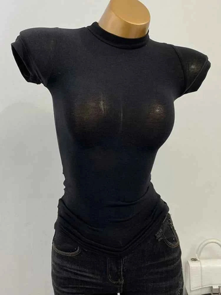 Half-high Collar T-shirt Transparent Short-sleeved Slim-fit Elastic T-shirt