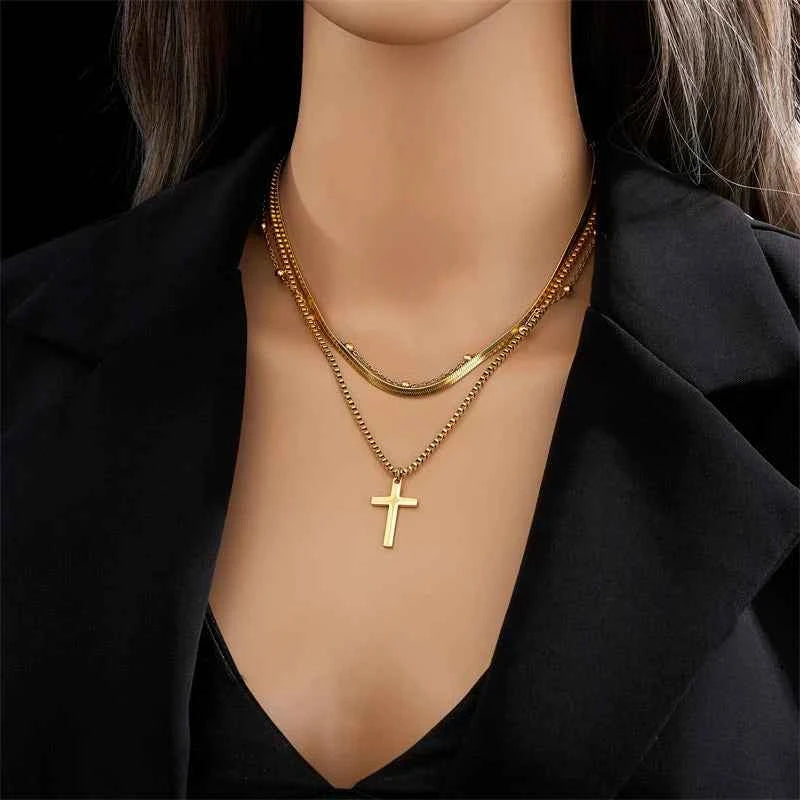Stainless Steel Gold Color Cross Pendant Necklace