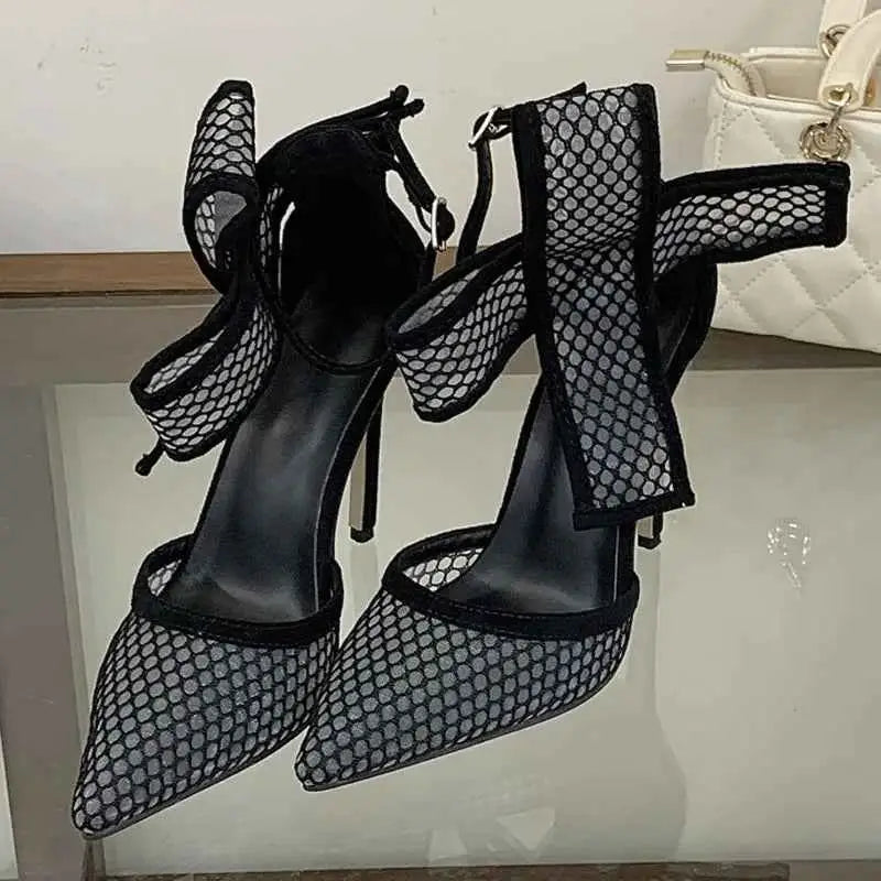 Pointed Hollow Polka Dot Mesh High Heels Sandals