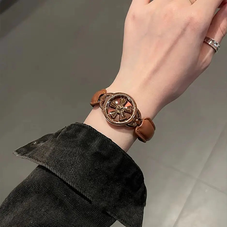 Rotating Women Watch Leather Splicing Metal Strap