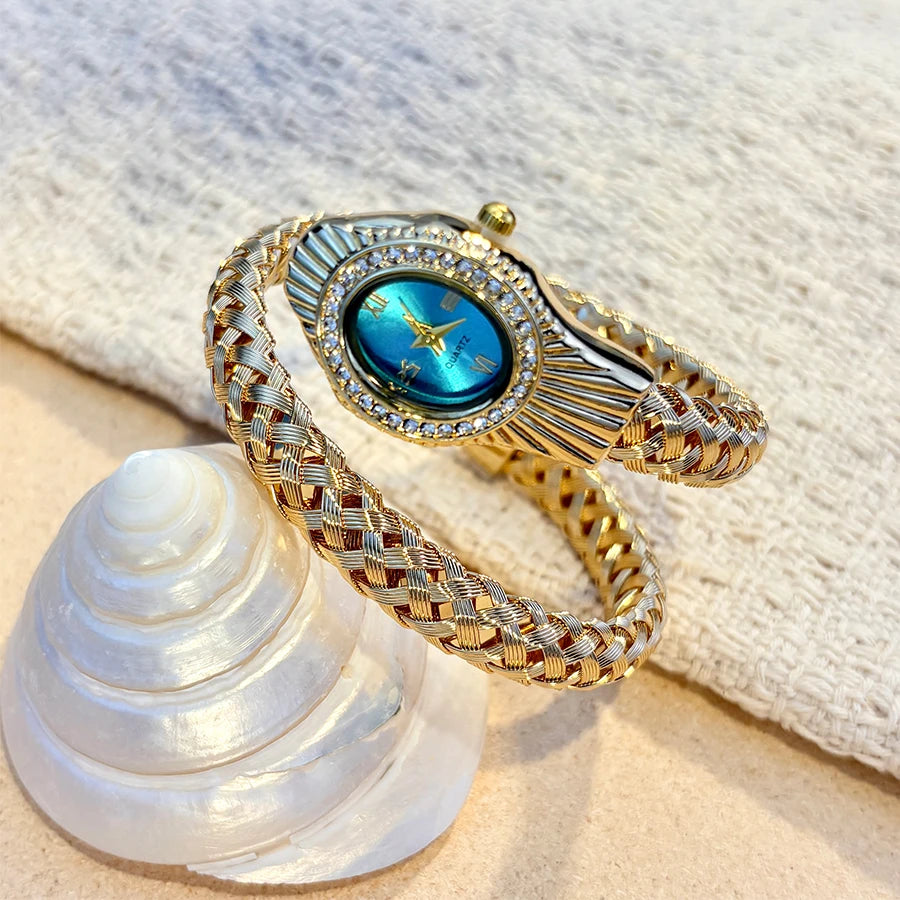 Snake Head Embellished Women's Watch with Hollow-Out Woven Steel Bracelet & Sparkling Crystal Accents