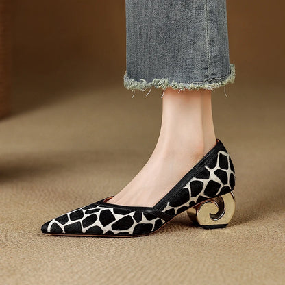 Women's New Genuine Leather Leopard Print Pointed Gold-Plated Heel