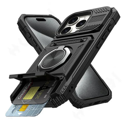 Military quality Case For iPhone 11 13 14 15 16 Pro Max Magnetic Rotated Ring Kickstand Heavy Duty Drop Protection Wallet Cover