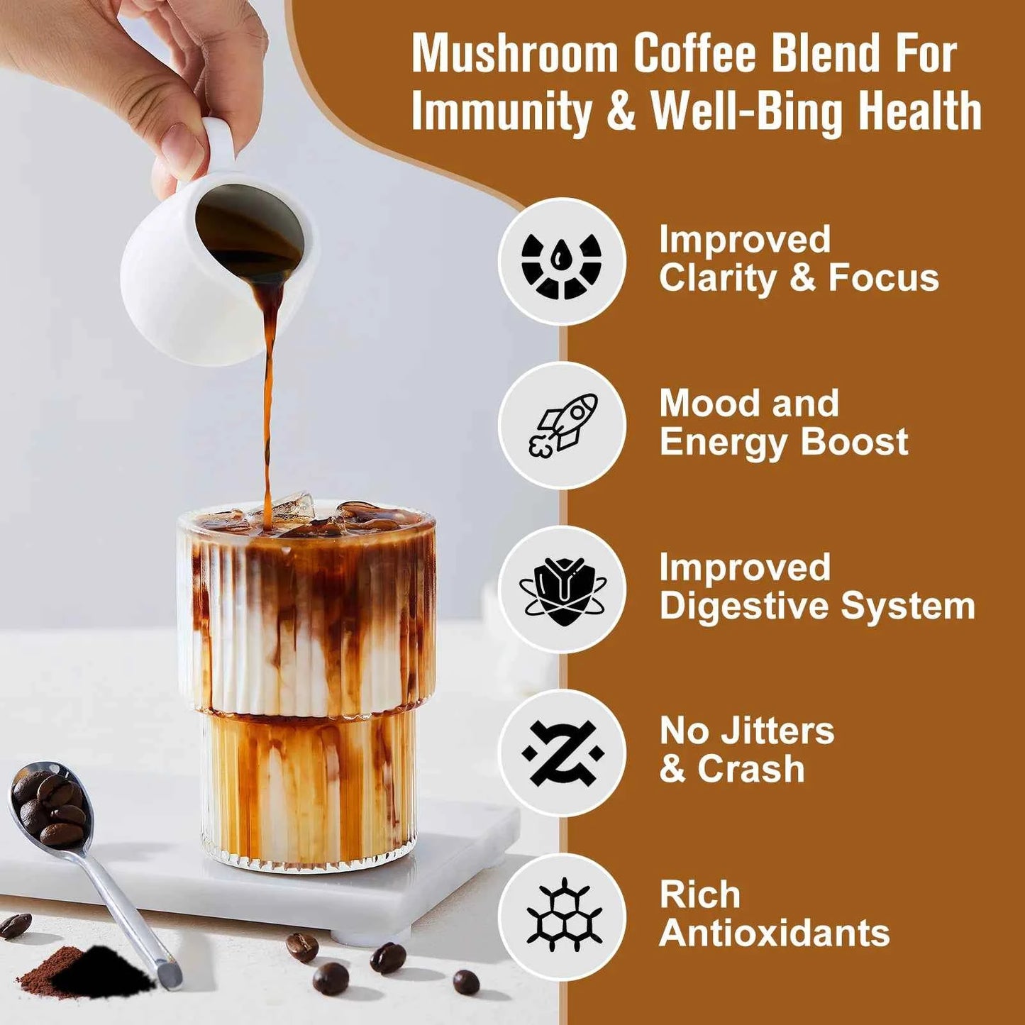 Mushroom Coffee Mixed Reishi & Lion's Mane Mushrooms Support Immunity and Focus Health Boost Memory 10 in 1