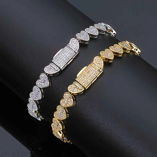Iced Out Baguette Heart Tennis Chain Bracelet Silver Plated Zircon Mixed Inlay Fine Jewelry