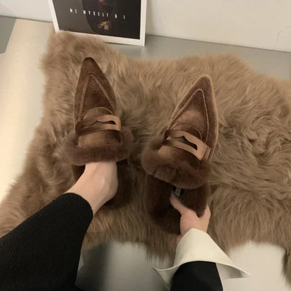 Women Luxury Velvet Mules Pointy Toe Slip-on Fur Sandals Ladies New Brand Design Outdoor Furry Slides Evening Party Heeled Shoes