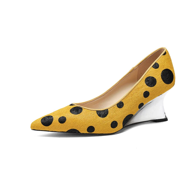 Genuine Leather Women Shoes,Pointed Toe Shallow Slip On Polka Dot High Heels