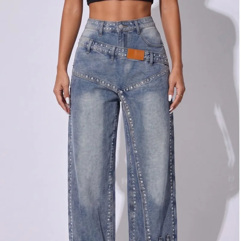 Rhinestone Wide Leg American High Waist Gradient Wash Split Design Loose Denim Trousers
