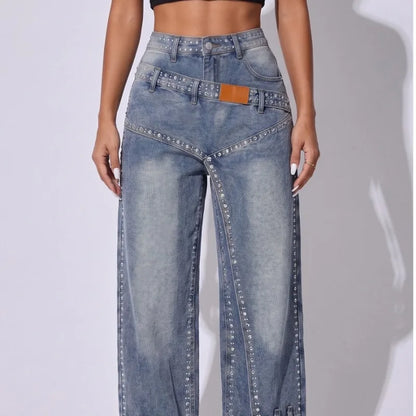 Rhinestone Wide Leg American High Waist Gradient Wash Split Design Loose Denim Trousers