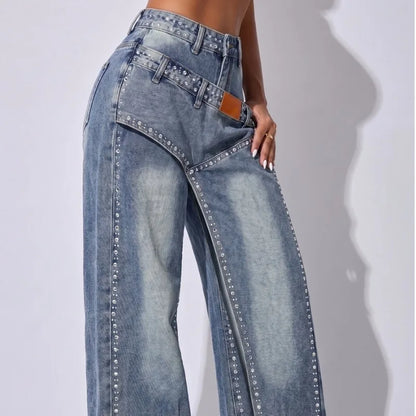 Rhinestone Wide Leg American High Waist Gradient Wash Split Design Loose Denim Trousers