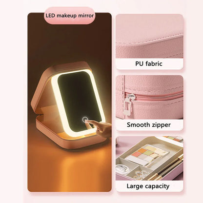 New LED Lighted Cosmetic Case With Mirror PU Leather Portable Travel Makeup Storage Bags Waterproof Travel Makeup Bag