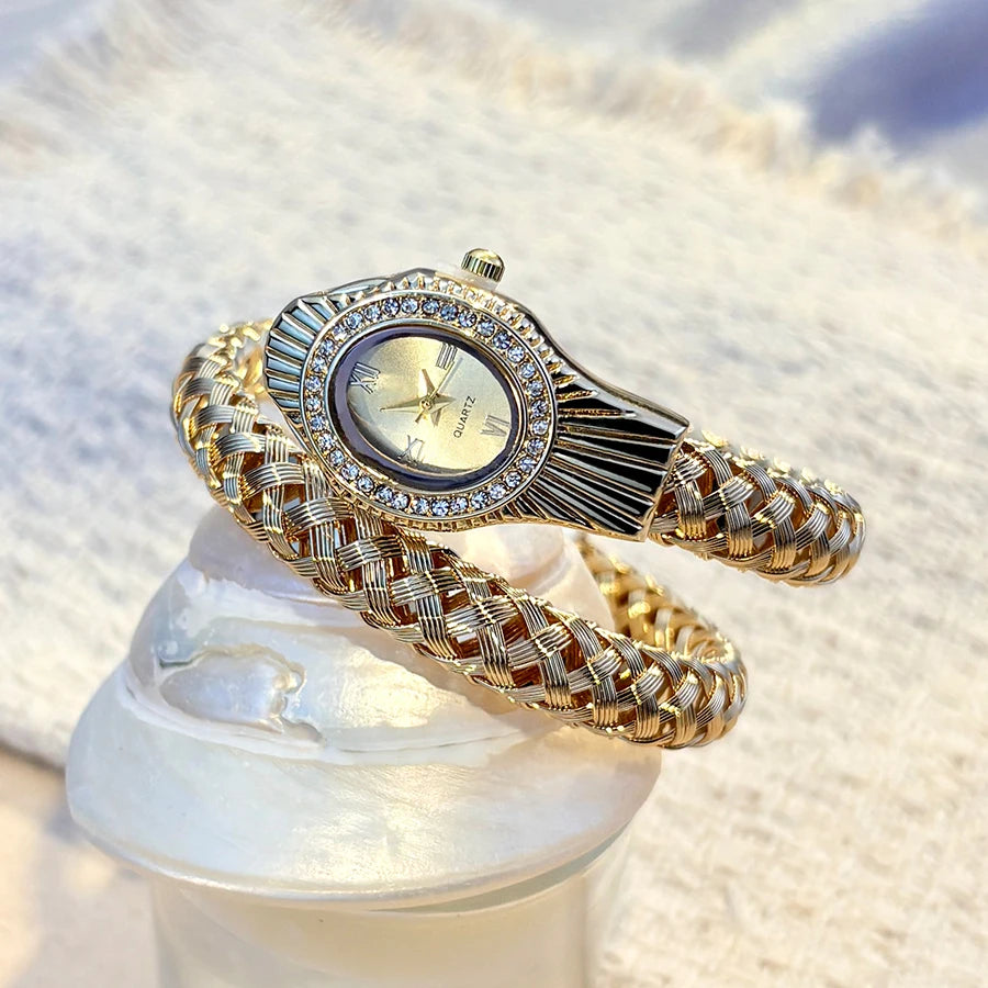 Snake Head Embellished Women's Watch with Hollow-Out Woven Steel Bracelet & Sparkling Crystal Accents