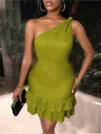 One-Shoulder Ruched Hem Slim Fit Elegant Dress