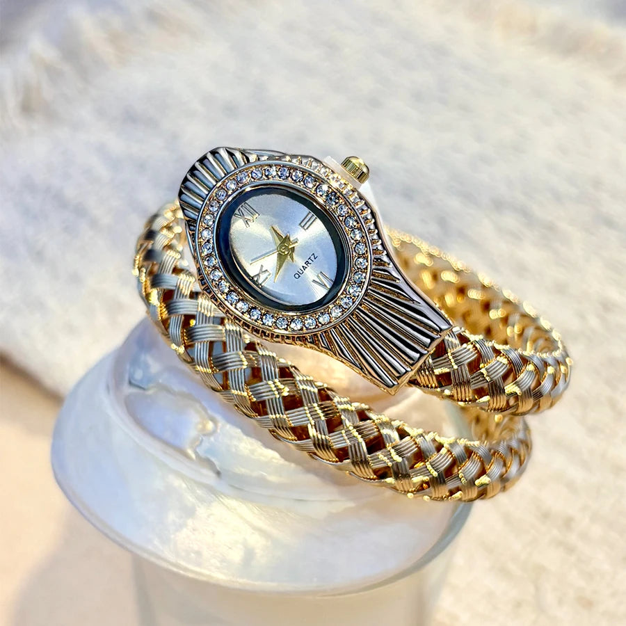 Snake Head Embellished Women's Watch with Hollow-Out Woven Steel Bracelet & Sparkling Crystal Accents