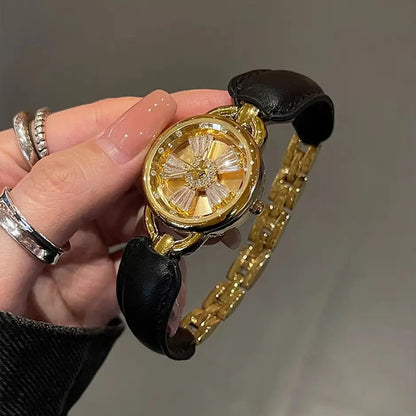 Rotating Women Watch Leather Splicing Metal Strap