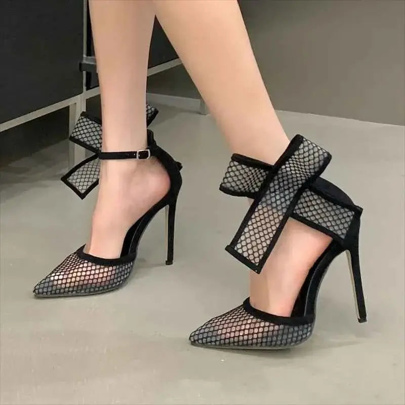 Pointed Hollow Polka Dot Mesh High Heels Sandals