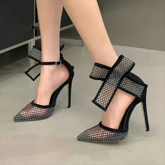 Pointed Hollow Polka Dot Mesh High Heels Sandals