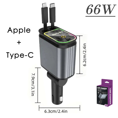 Dabfavshop 66W Dual Port Car Charger with Apple and Type-C Connector, best retractable charger for cars