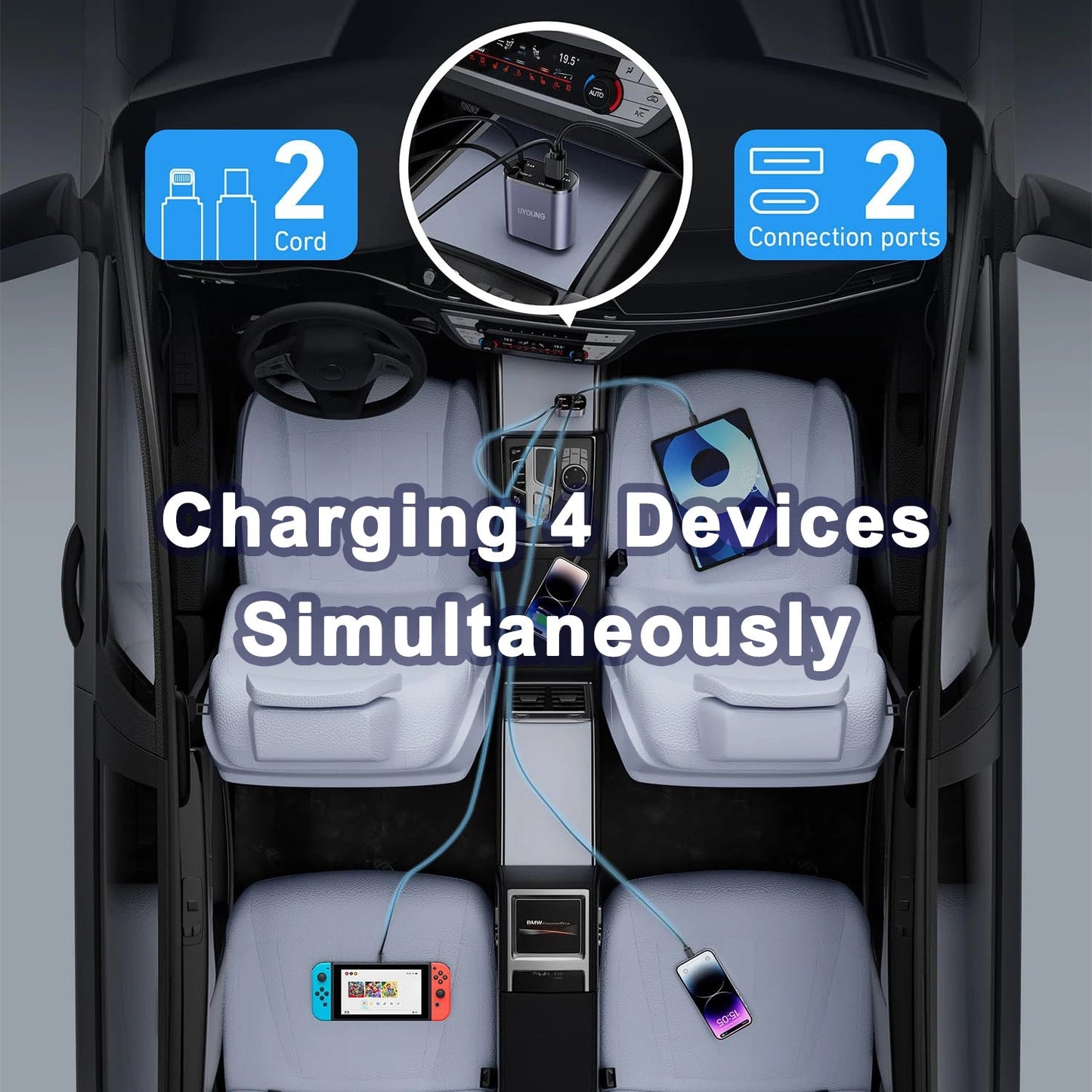 Best retractable charger for cars with two ports charging four devices simultaneously in a vehicle