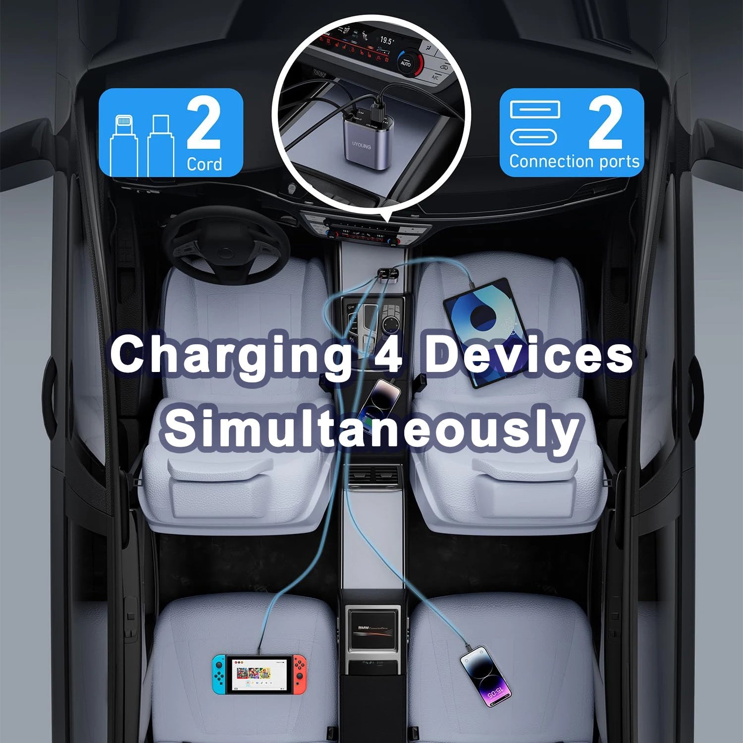 Best retractable charger for cars with two ports charging four devices simultaneously in a vehicle