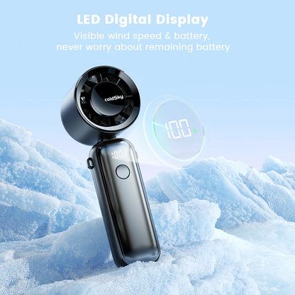 Handheld turbo fan with LED digital display showing wind speed and battery level for instant cooling