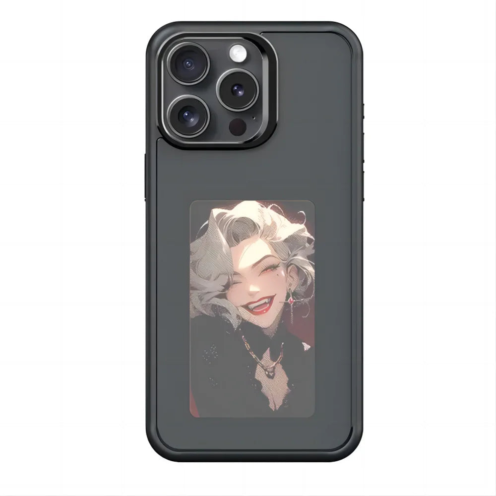 E Ink iPhone case featuring a stylish design with a portrait of a glamorous woman