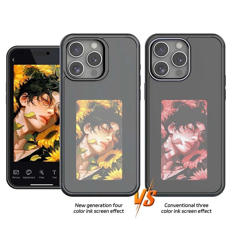 E Ink iPhone case showcasing artistic design with new generation four color ink screen effect versus conventional three color effect