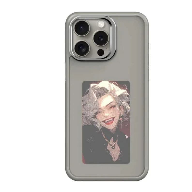 E Ink iPhone case featuring a stylish design with a smiling character image