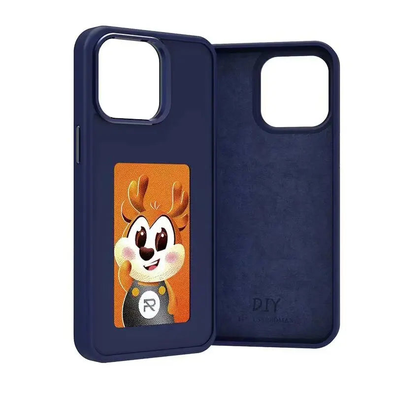 E Ink iPhone case in navy blue featuring a playful cartoon character design