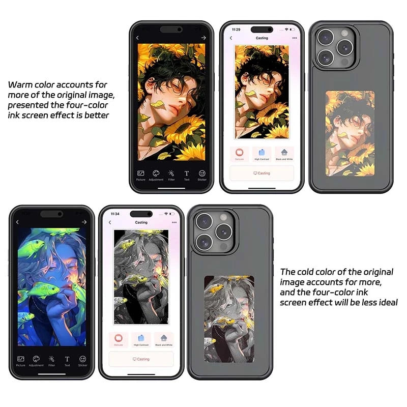 E Ink iPhone case showcasing vibrant designs with four-color ink screen effect for user customization