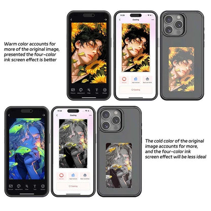 E Ink iPhone case showcasing vibrant designs with four-color ink screen effect for user customization