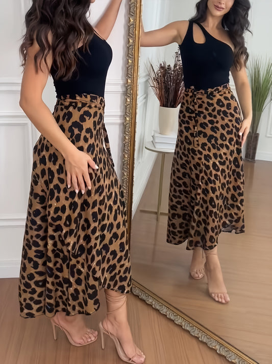 Leopard Print Wrap Skirt with Cross Straps for Casual Vacation Wear