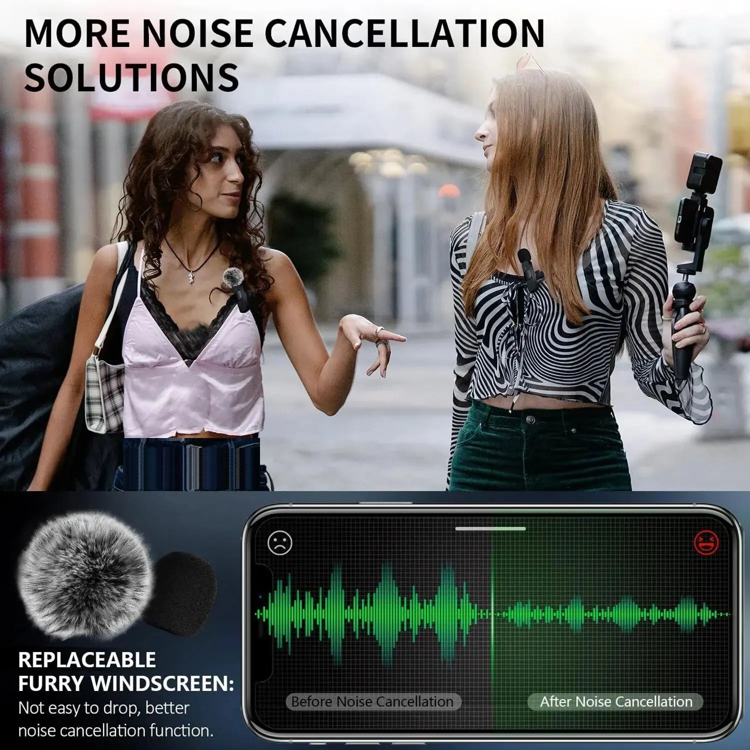 Two women using a mini mic for recording with enhanced noise cancellation features and a furry windscreen