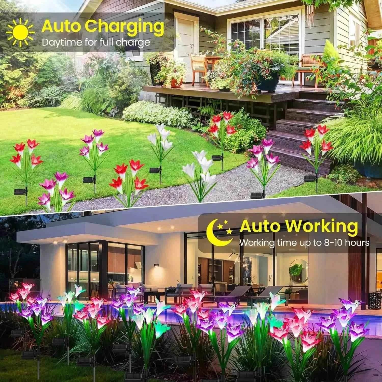 Outdoor solar lily garden lights illuminating a landscaped pathway, charged by sunlight for nighttime use