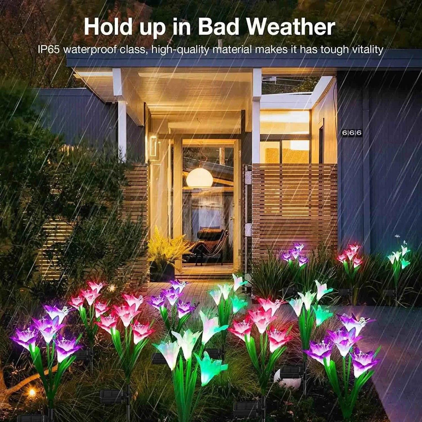 Dabsfavshop outdoor solar lily garden lights illuminating a pathway with vibrant colors in rainy weather