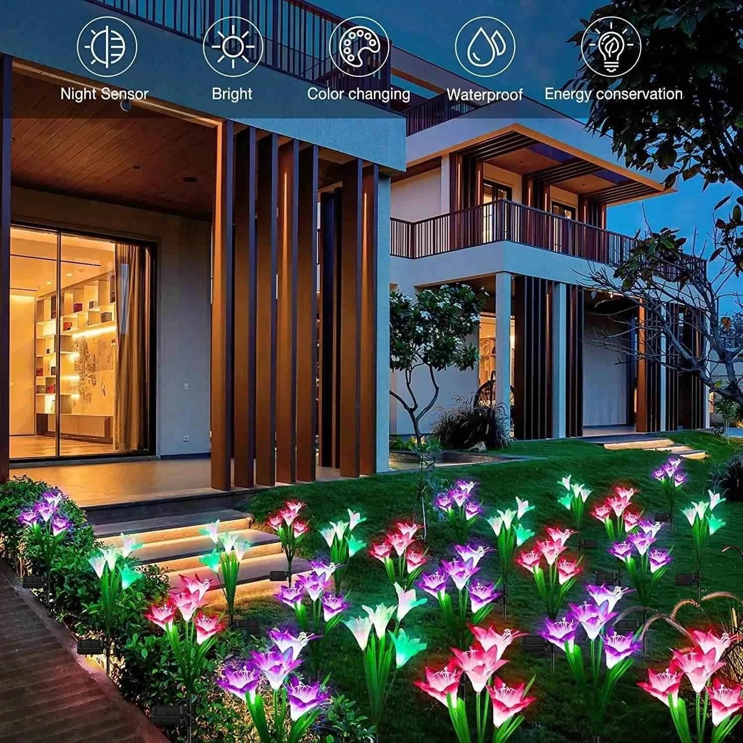 Dabsfavshop outdoor solar lily garden lights highlighting a beautifully landscaped pathway at dusk