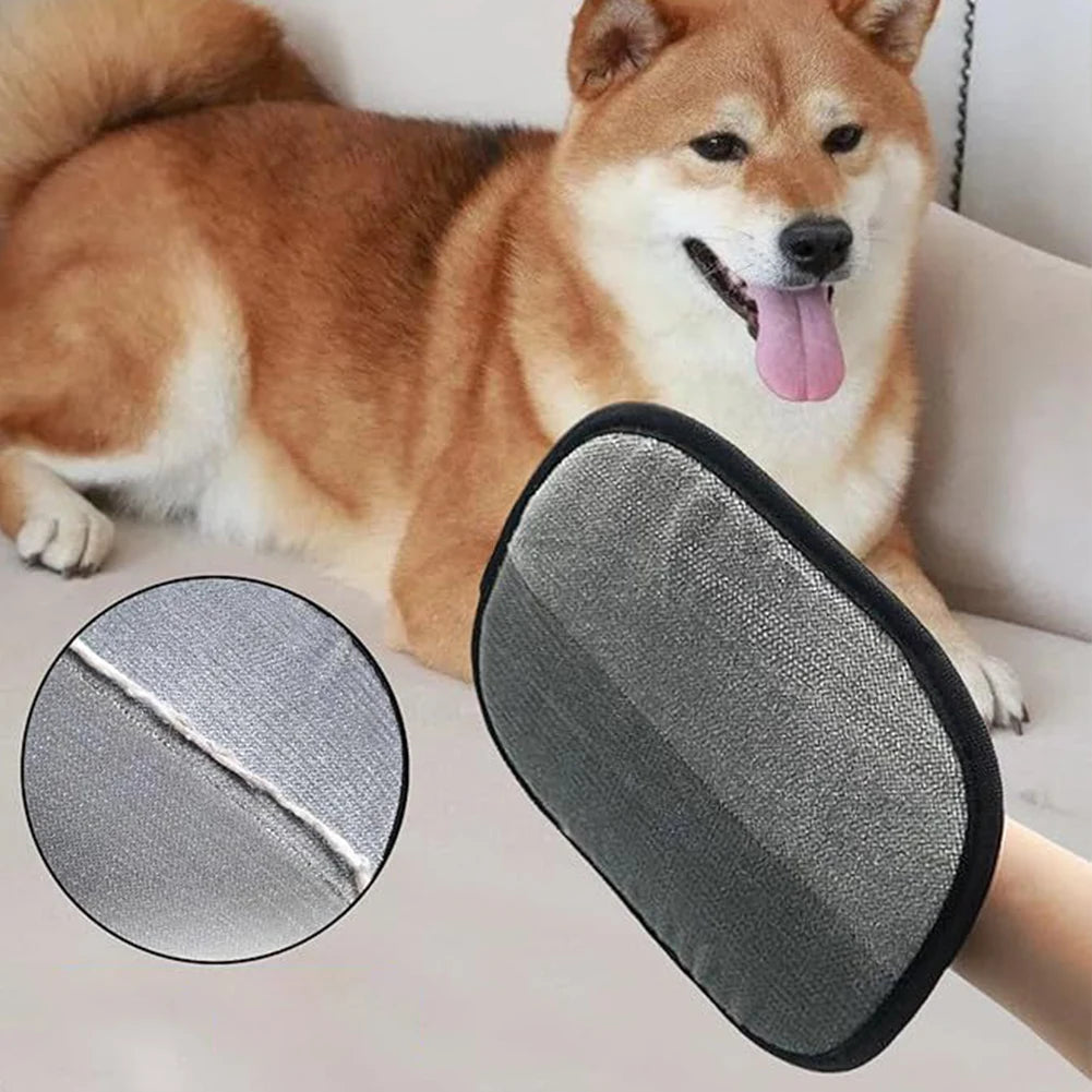 Electrostatic pet hair remover tool used on a Shiba Inu for removing fur from furniture