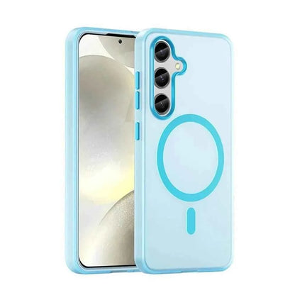 Light blue Samsung Galaxy shockproof case with MagSafe compatibility and a sleek design