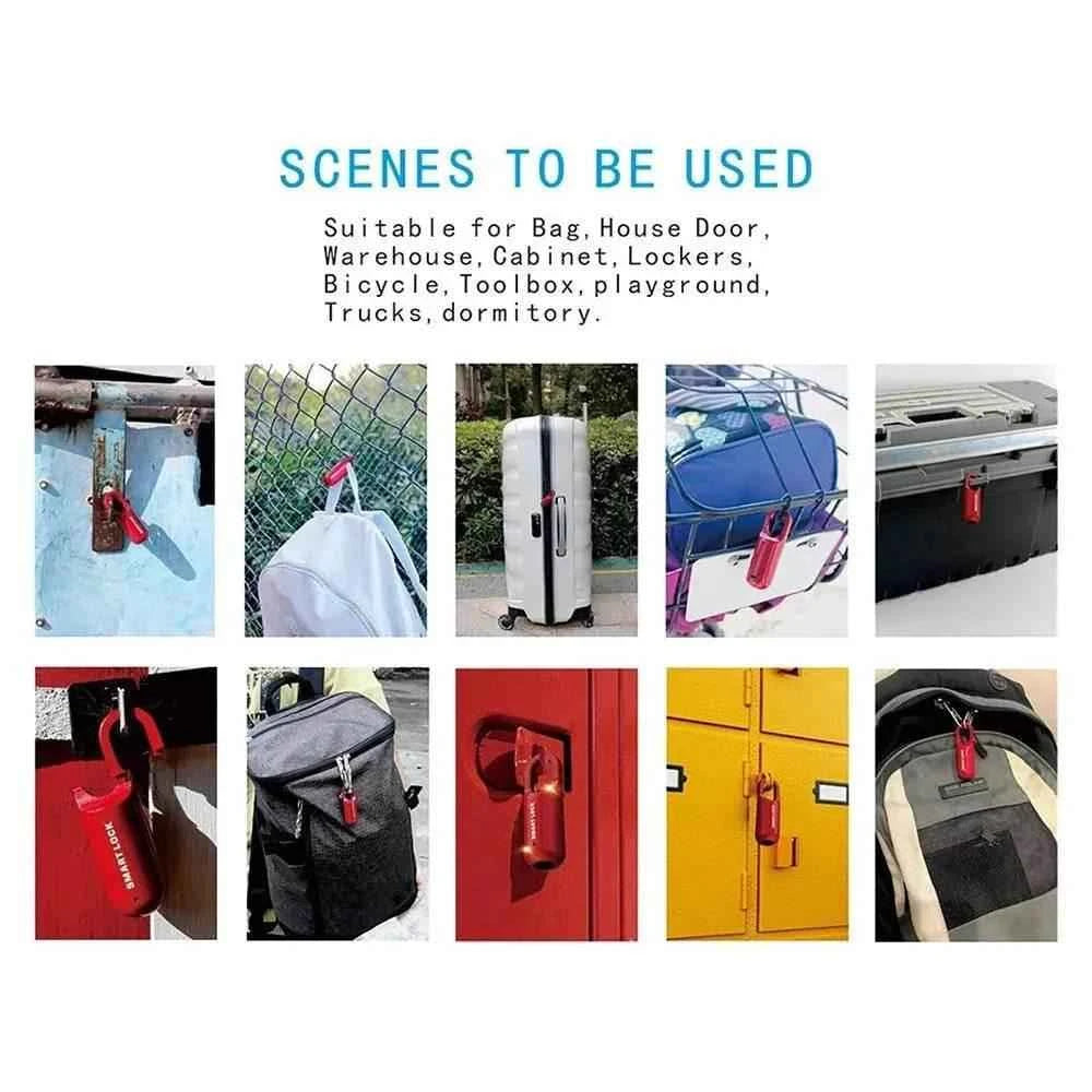 Fingerprint padlock for lockers shown in various usage scenes including bags, cabinets, and lockers