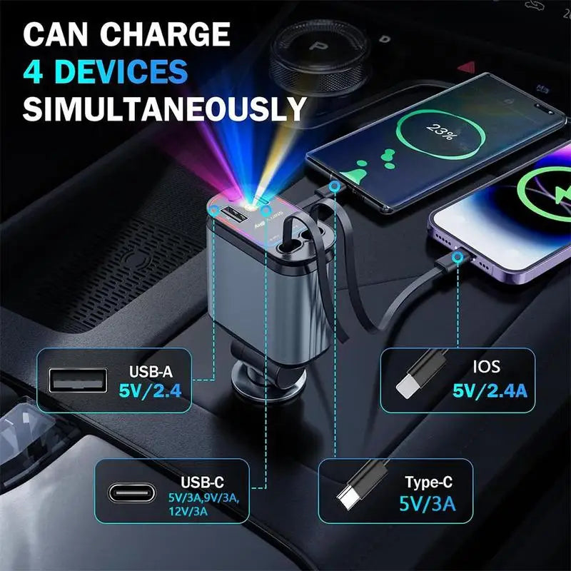 Starry sky car charger with ports for charging four devices simultaneously in a vehicle