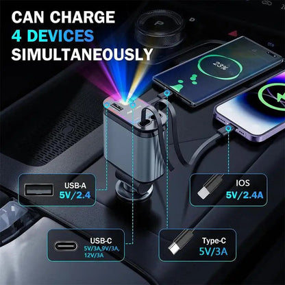 Starry sky car charger with ports for charging four devices simultaneously in a vehicle