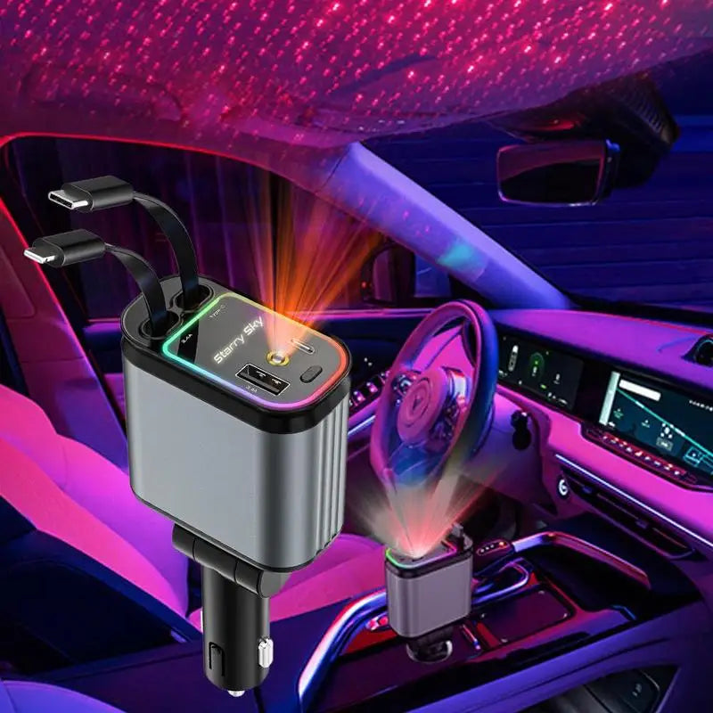 Starry sky car charger with dual USB ports and LED lights for a stylish interior ambiance