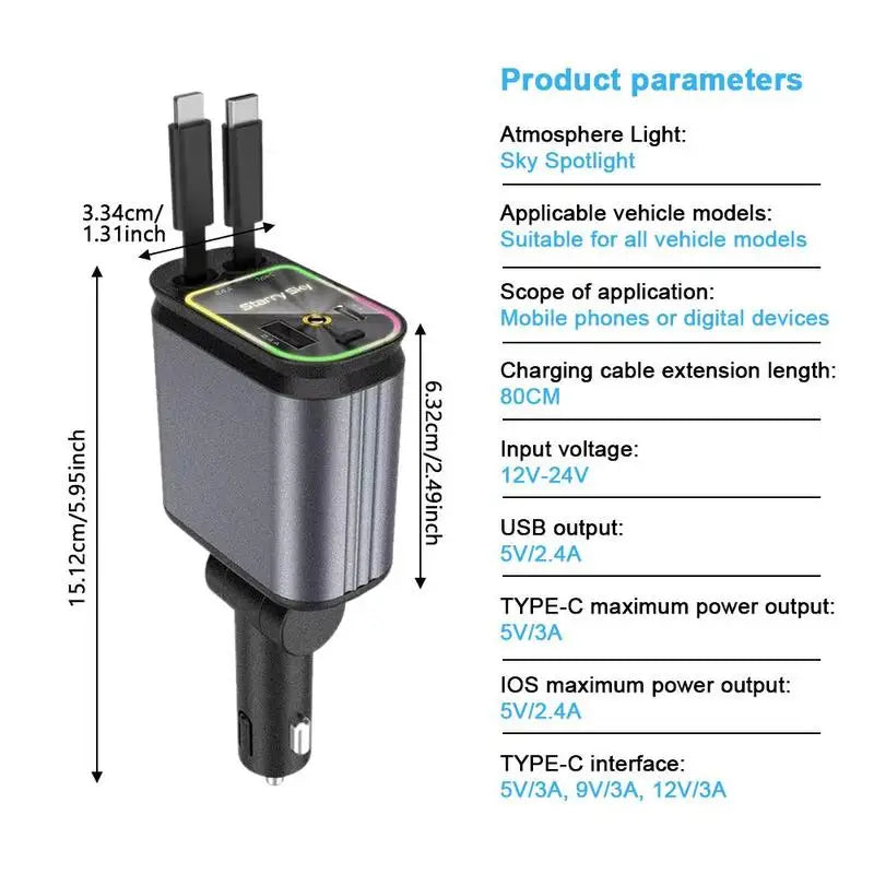 Starry sky car charger with USB ports and adjustable power output for all vehicle models