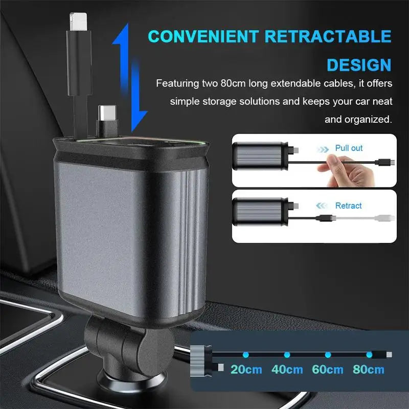 Starry sky car charger with retractable cables for organized charging in vehicles