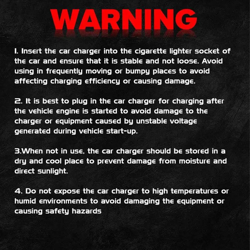 Instructional warning for Dabfavshop starry sky car charger with safety guidelines and usage tips
