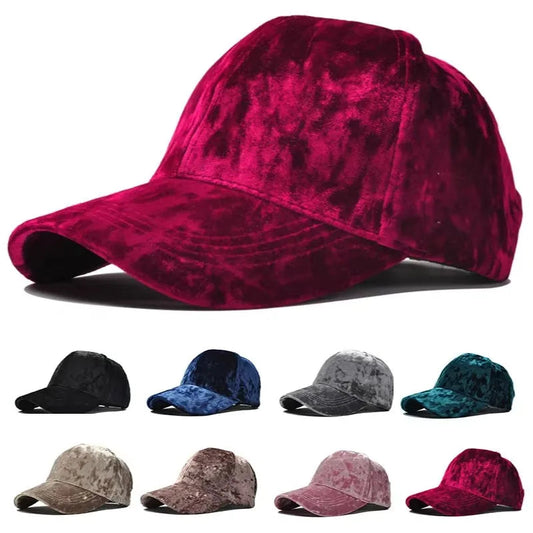 Collection of stylish velvet hats in various colors including burgundy, black, and green for trendy outfits