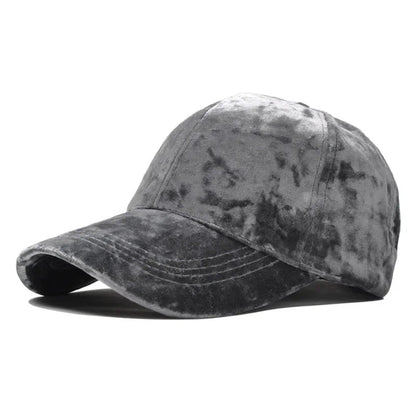 Stylish velvet hat in gray color with a classic baseball cap design for fashionable outfits