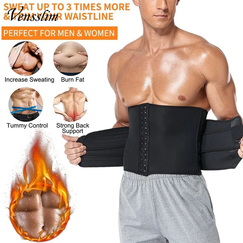 Black waist trainer for men designed for enhanced sweating and fat burning during workouts